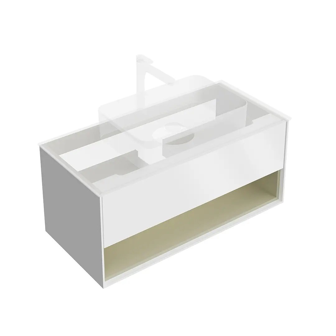 Тумба Plaza Modern/Плаза Модерн подвесная 100, нажимное открывание, 1 ящик, подсветка, белая матовая+шалфей