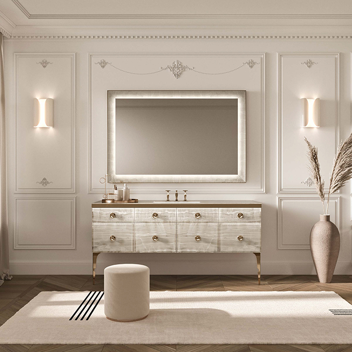 VITAGE milldue edition MAJESTIC Столешница стеклянная 1800х552х46мм, 1 отв для раковины, 3 отв для смес, профиль Bronzo, отделка стекло Alabastro gold