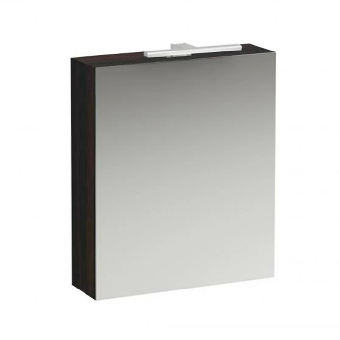 Laufen Base шкаф зеркальный 600x185x700 мм, 1 дверца, петли слева, с горизонтальным элементом LED-подсветки, 2 стеклянные полки, 1 розетка, темный вяз